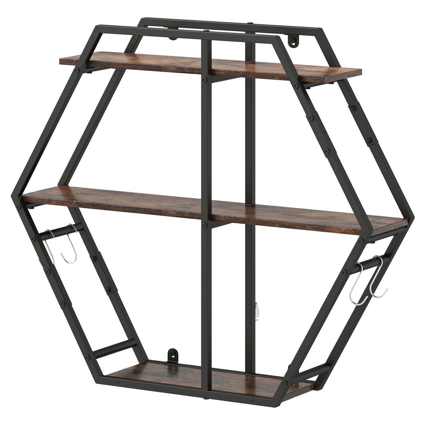 3-Tier Geometric Bookcase with S-Shaped Hooks for Living Room-Rustic Brown