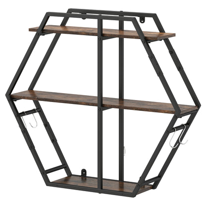 3-Tier Geometric Bookcase with S-Shaped Hooks for Living Room-Rustic Brown