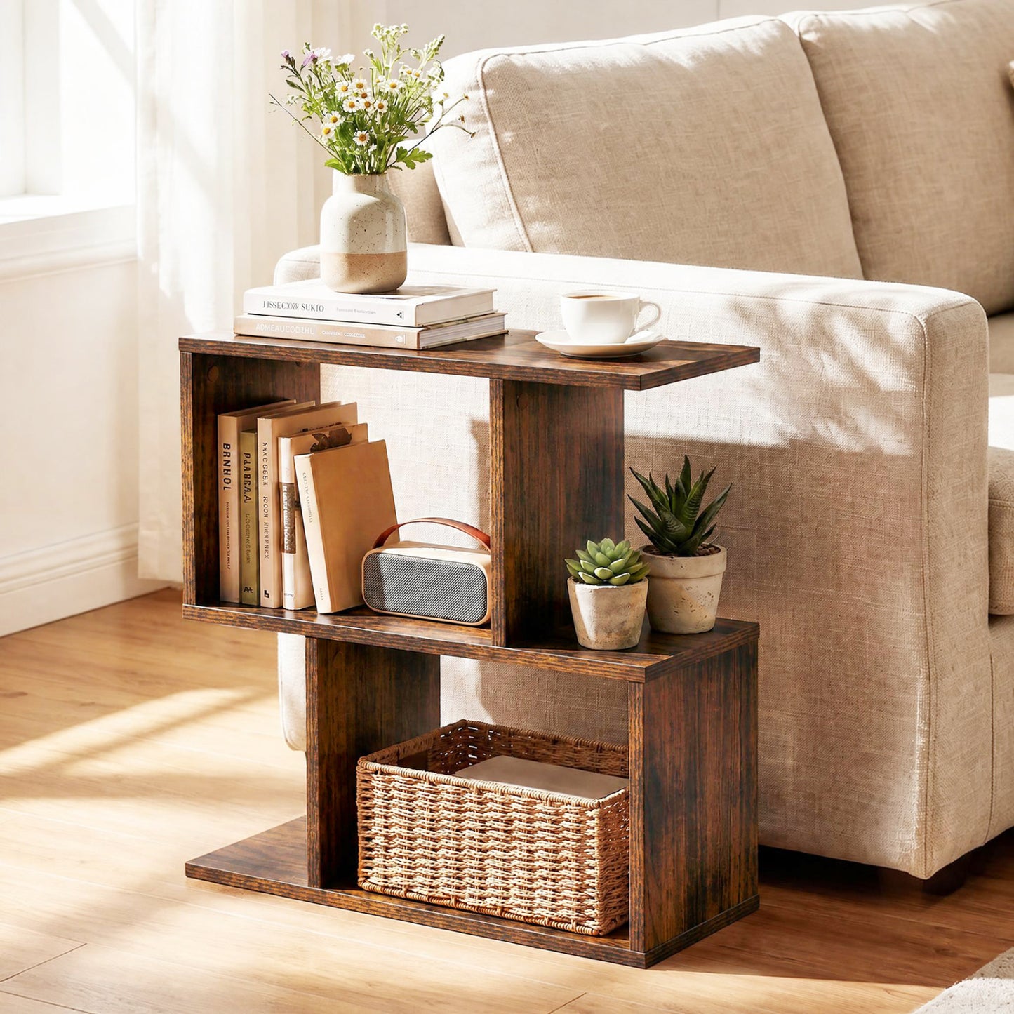 3-Tier Geometric Bookshelf Freestanding Display Shelf Side Table Set of 2-Black