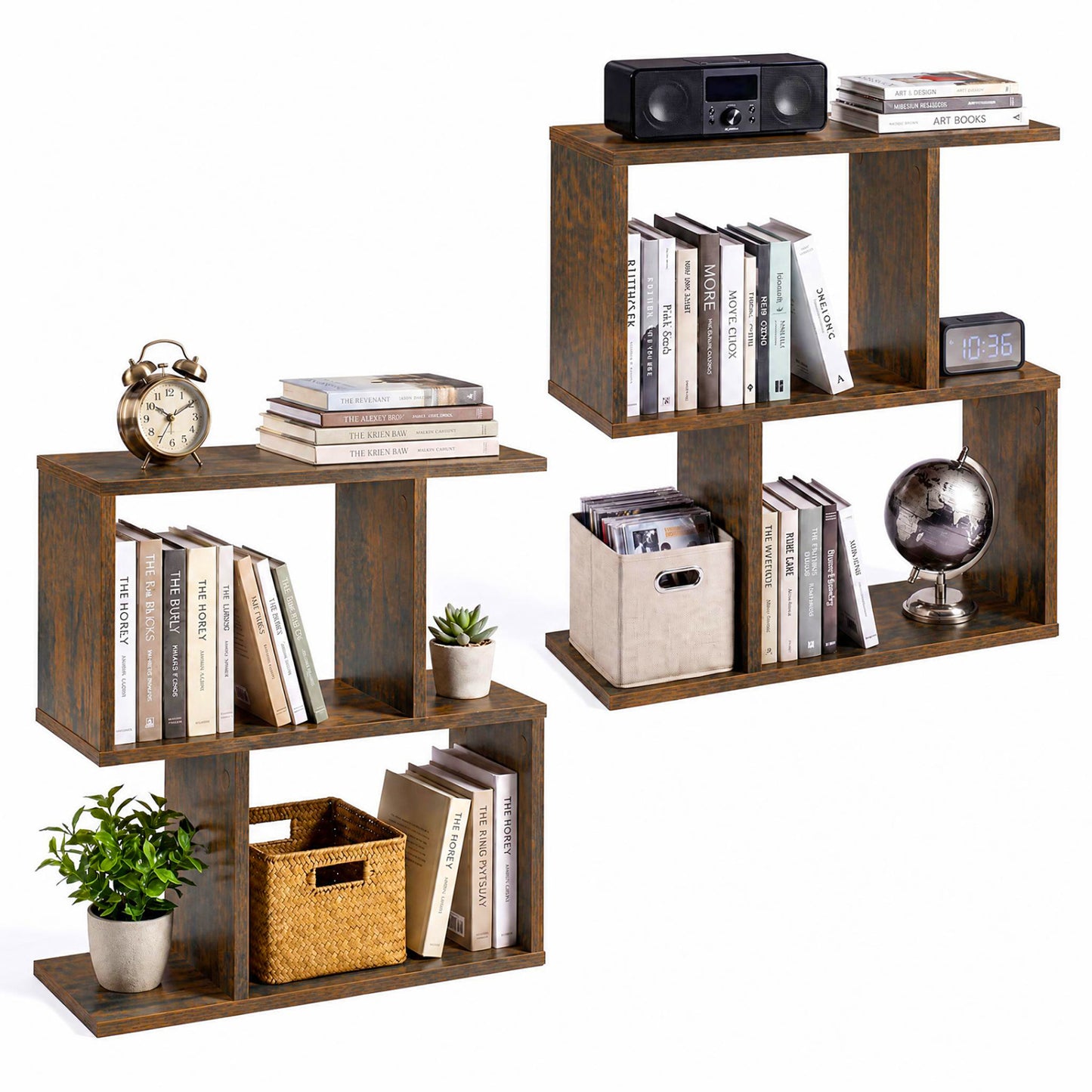 3-Tier Geometric Bookshelf Freestanding Display Shelf Side Table Set of 2-Black