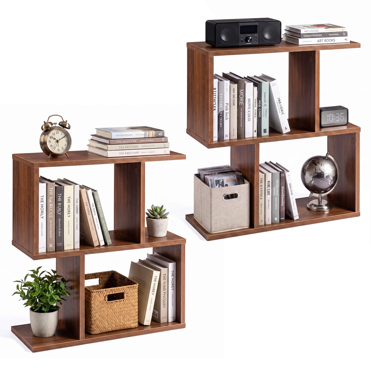 3-Tier Geometric Bookshelf Freestanding Display Shelf Side Table Set of 2-Black