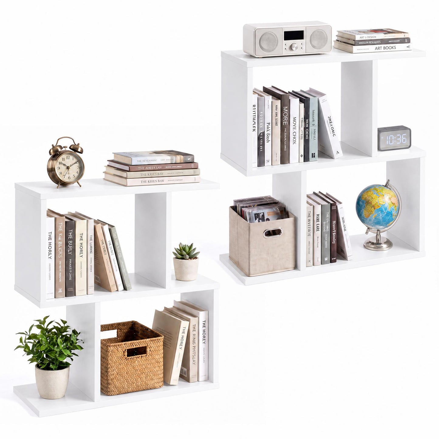 3-Tier Geometric Bookshelf Freestanding Display Shelf Side Table Set of 2-Black