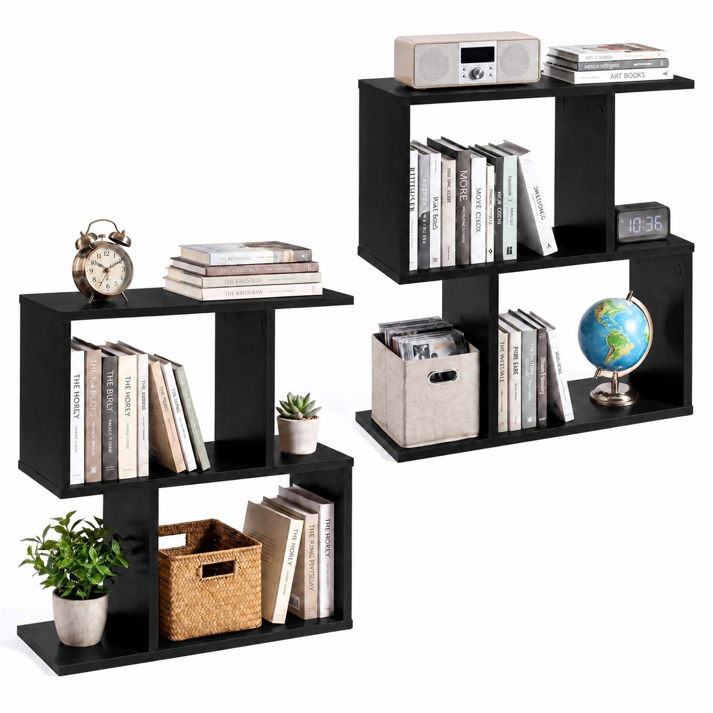3-Tier Geometric Bookshelf Freestanding Display Shelf Side Table Set of 2-Black