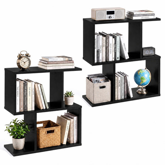 Set of two black 3-tier geometric bookshelf display shelves, freestanding side tables for home office or living room decor.