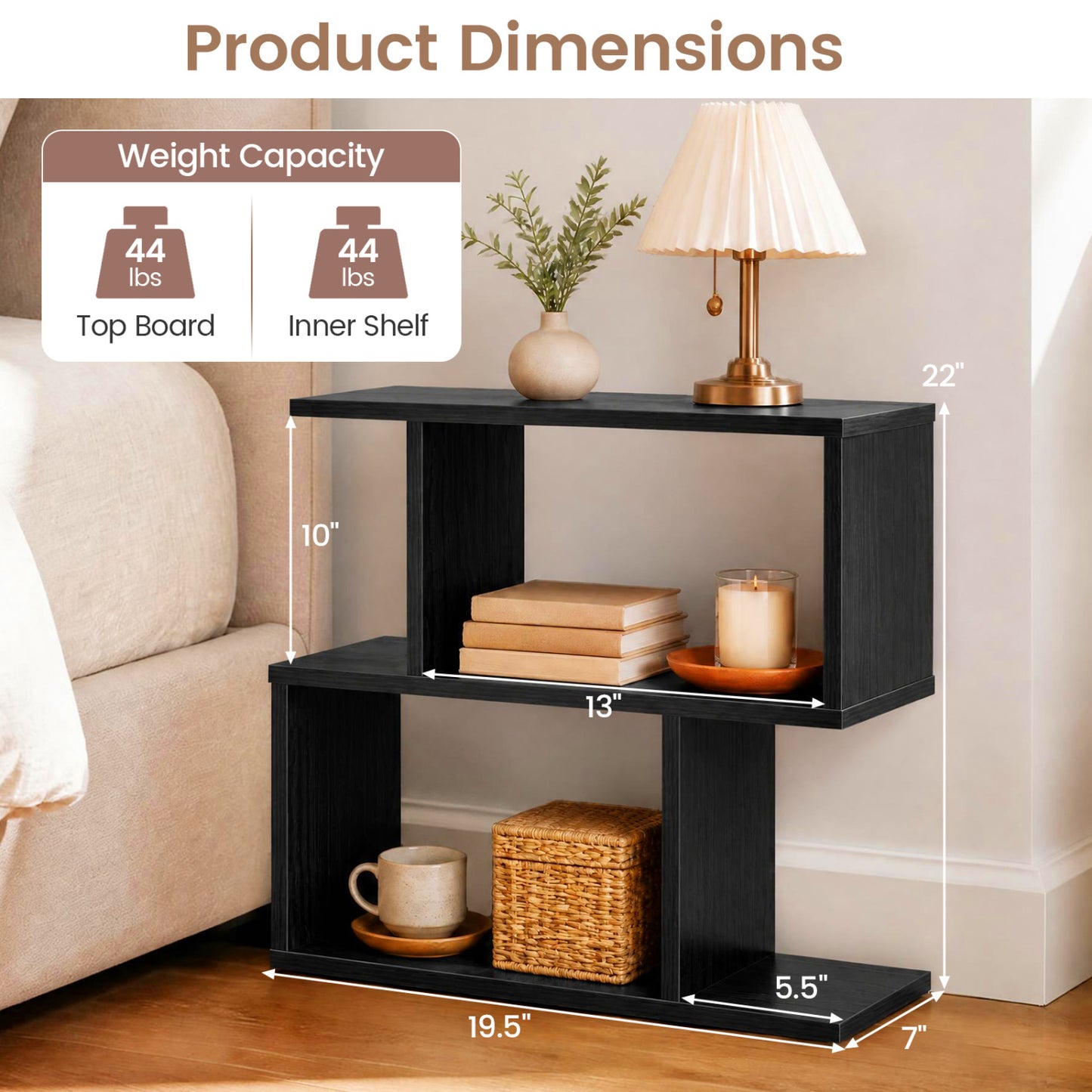 3-Tier Geometric Bookshelf Freestanding Display Shelf Side Table Set of 2-Black