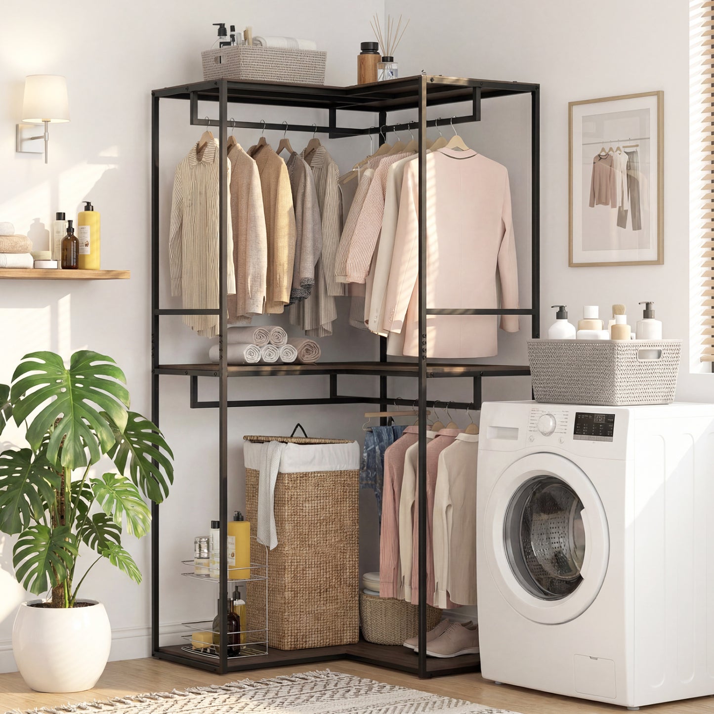 Heavy duty 3-tier clothes rack with 2 hanging rods and shelves in black and brown, ideal for bedroom closet storage.