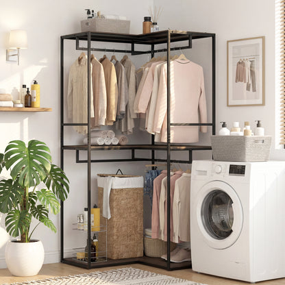 Heavy duty 3-tier clothes rack with 2 hanging rods and shelves in black and brown, ideal for bedroom closet storage.