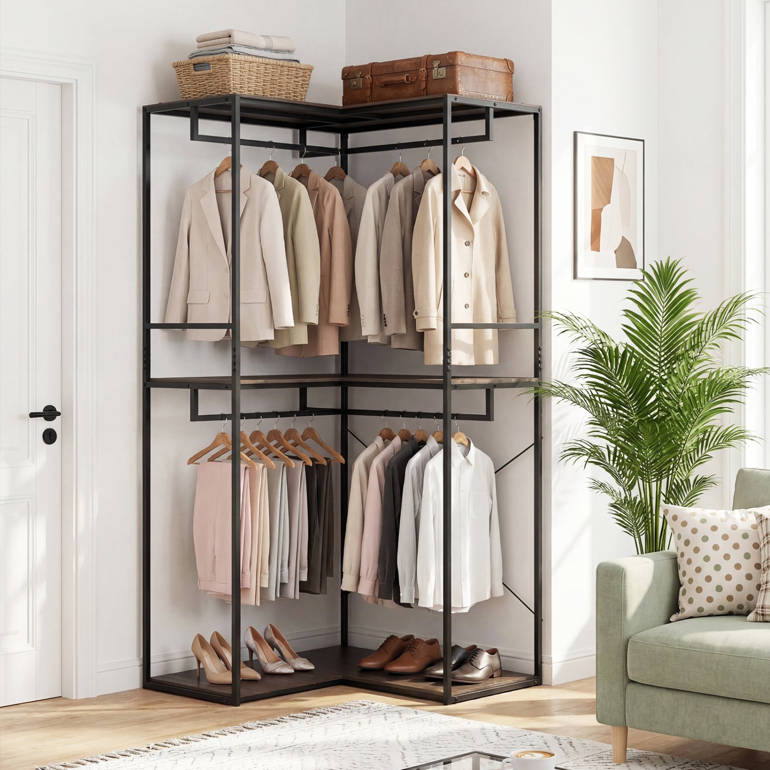 Heavy duty 3-tier clothes rack with 2 hanging rods and 3 shelves in black and brown, ideal for bedroom clothing storage.