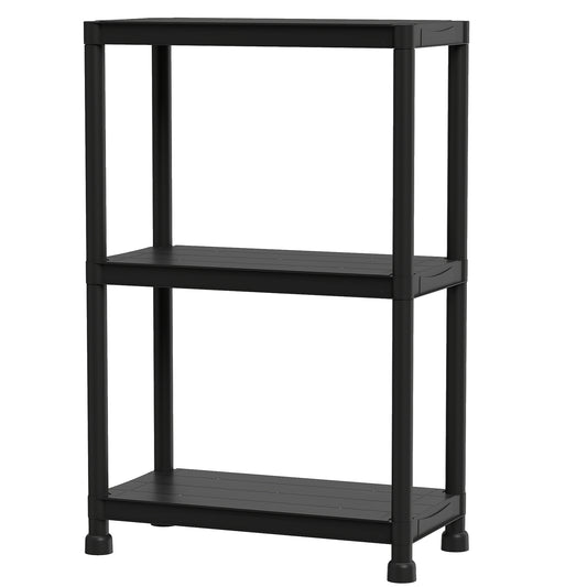 Heavy-duty 3-tier plastic storage shelves by Wilsons Home Store, freestanding garage shelving unit for outdoor storage.