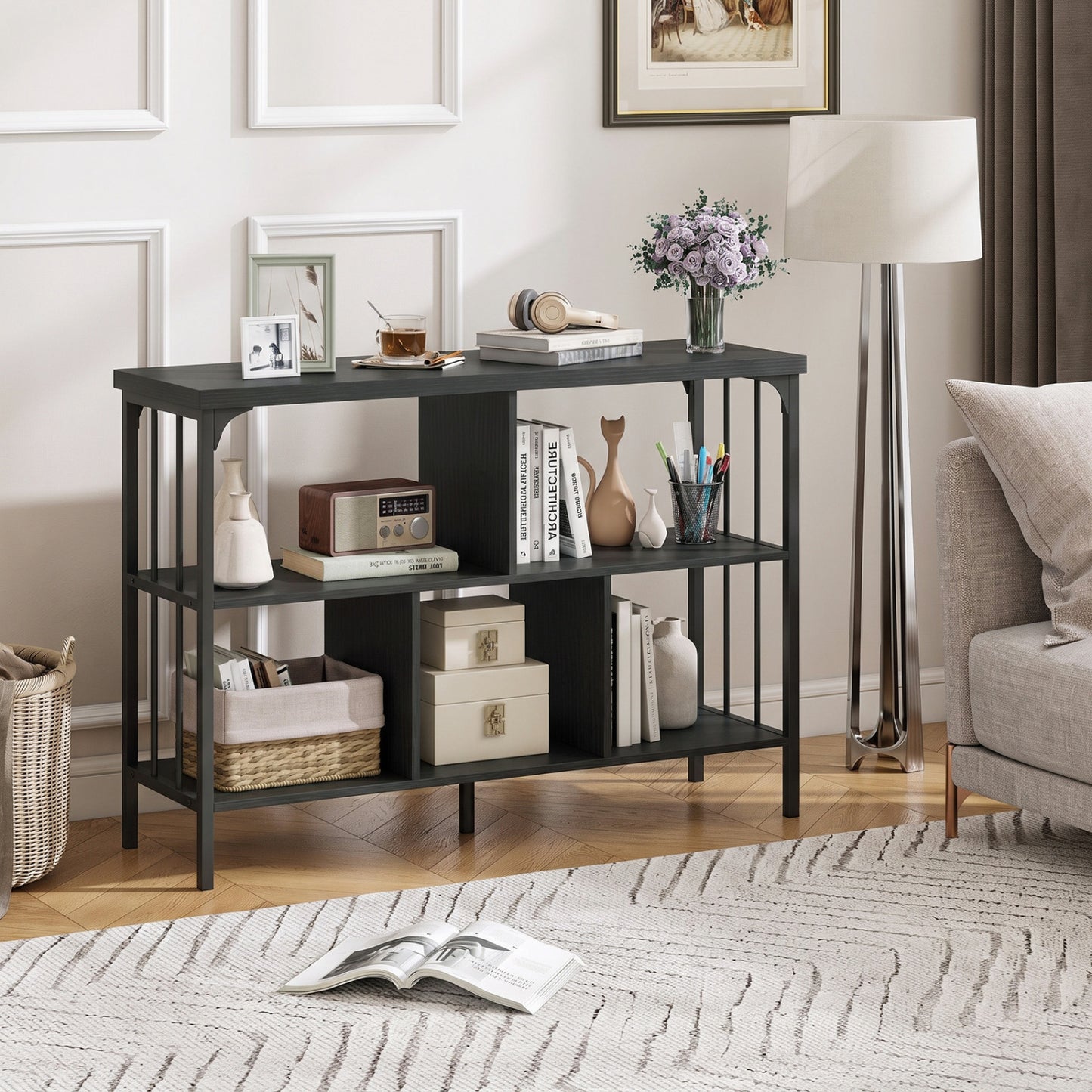 3-Tier Horizontal Cubby Bookshelf with Open Shelves-Black