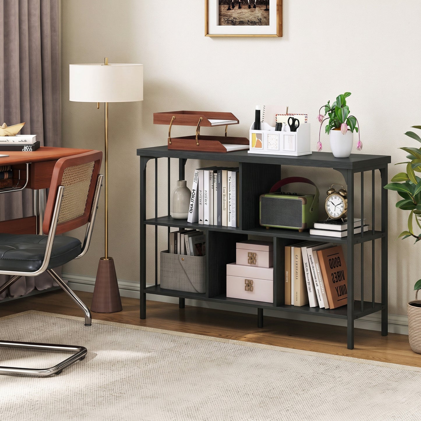 3-Tier Horizontal Cubby Bookshelf with Open Shelves-Black