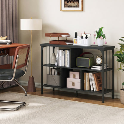 3-Tier Horizontal Cubby Bookshelf with Open Shelves-Black