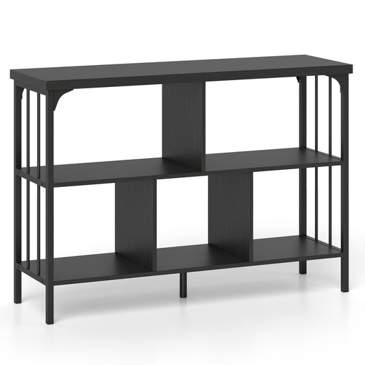 Black 3-tier horizontal cubby bookshelf with open shelves, ideal for home office storage and organization.
