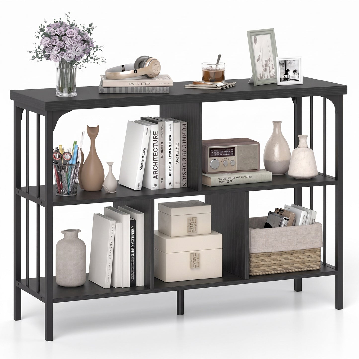 3-Tier Horizontal Cubby Bookshelf with Open Shelves-Black