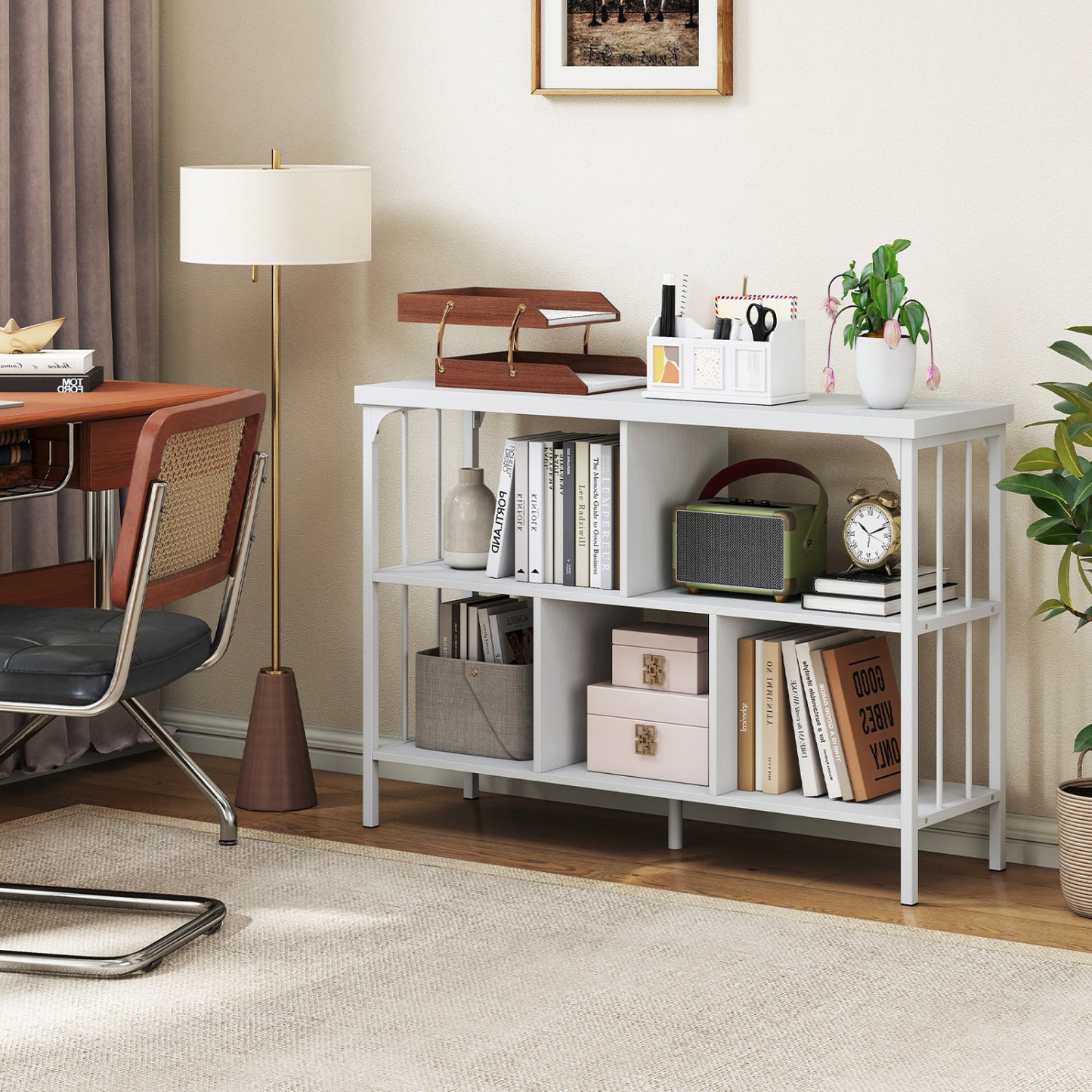 3-Tier Horizontal Cubby Bookshelf with Open Shelves-Black