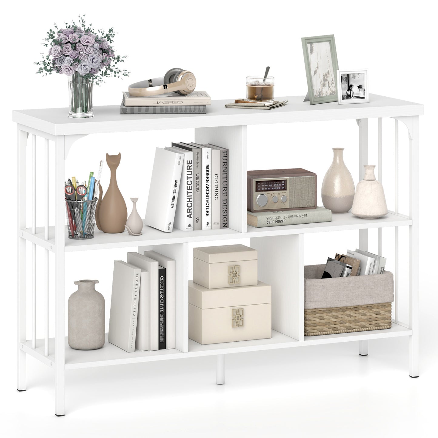 3-Tier Horizontal Cubby Bookshelf with Open Shelves-Black