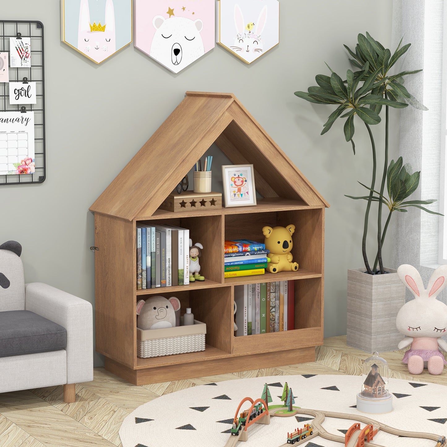 Natural wood 3-tier house-shaped toy storage organizer with open shelves for kids’ room organization.