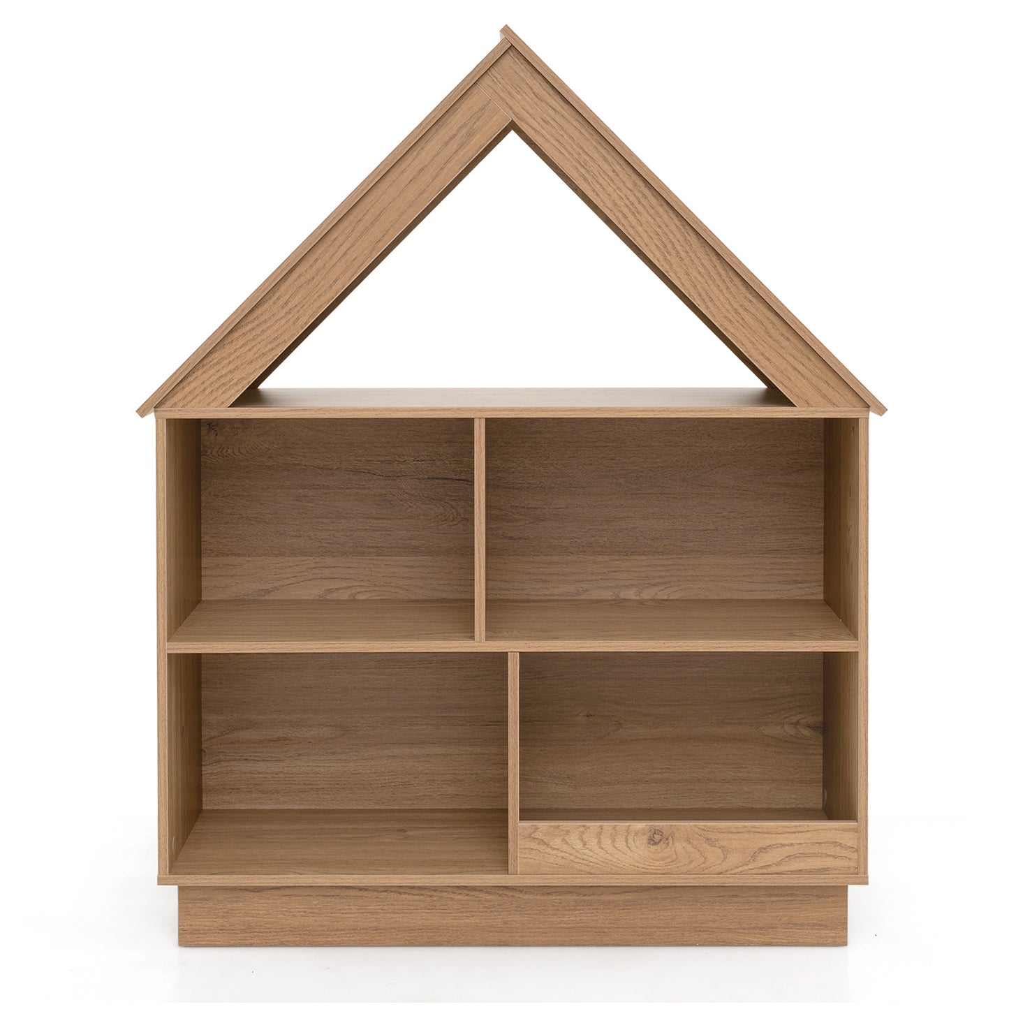 Natural wood 3-tier house-shaped toy storage organizer with open shelves for kids' room organization.