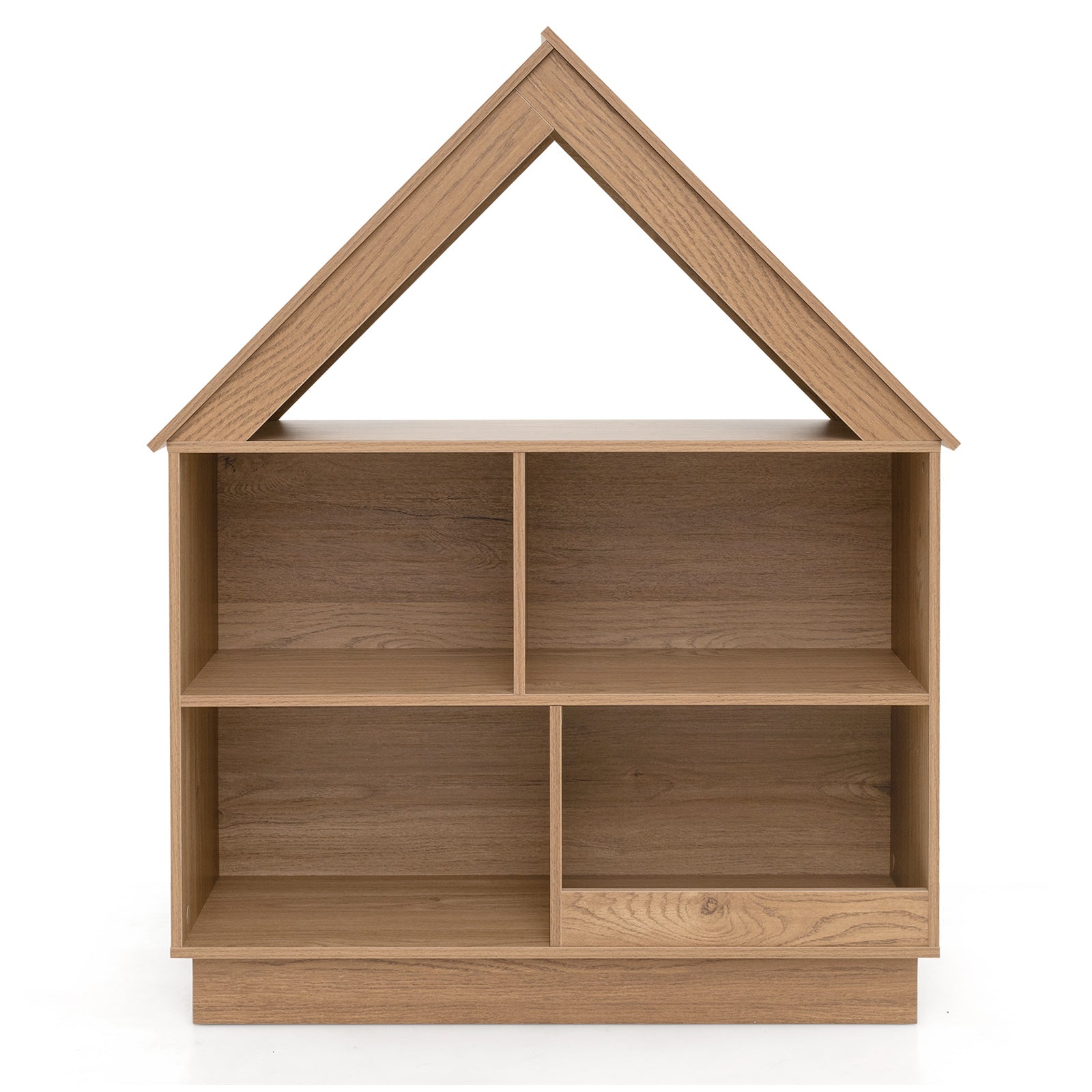 Natural wood 3-tier house-shaped toy storage organizer with open shelves for kids' room organization.