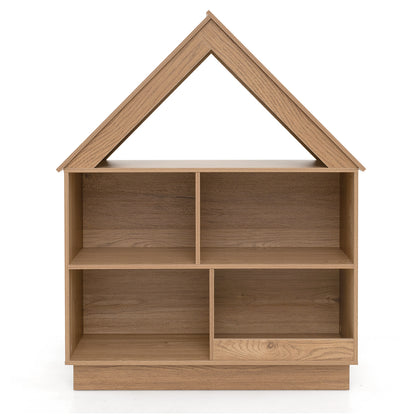 Natural wood 3-tier house-shaped toy storage organizer with open shelves for kids' room organization.