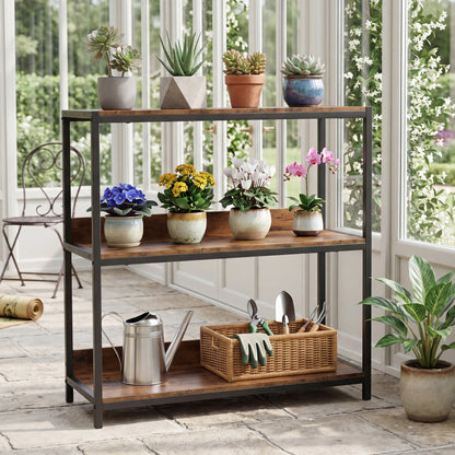 Industrial 3-tier bookshelf with rustic brown wooden shelves and black metal frame, ideal for living room storage.