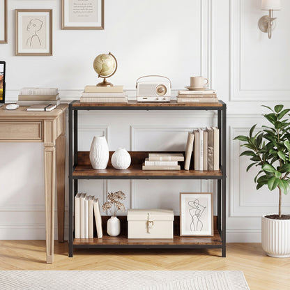 Industrial 3-tier bookshelf with rustic brown wooden shelves and black metal frame, ideal for living room storage.