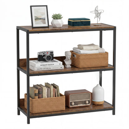 Industrial 3-tier bookshelf with wooden shelves and metal frame in rustic brown for living room storage.