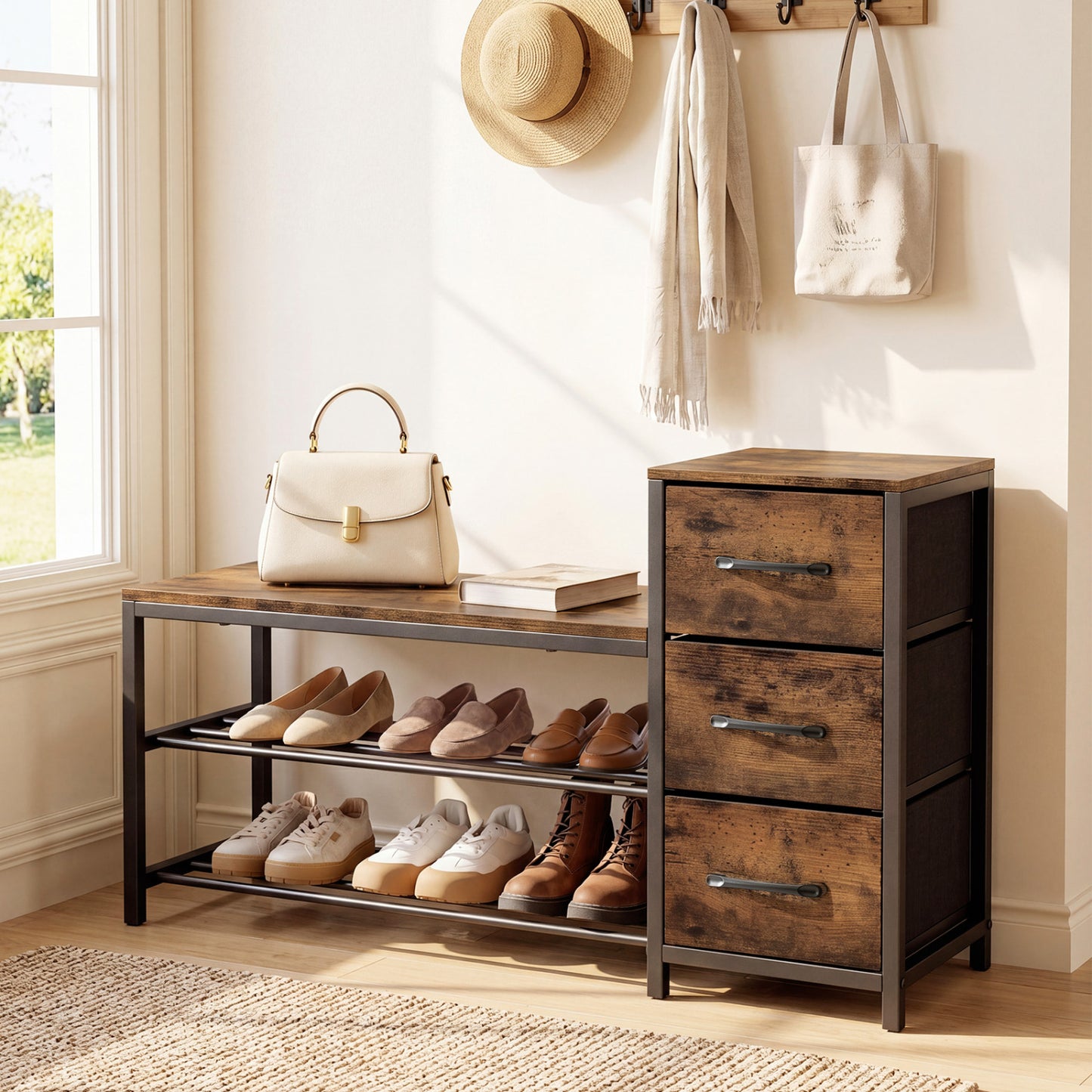 Rustic brown 3-tier industrial shoe bench with removable fabric drawers and anti-toppling kits, ideal for entryway storage.