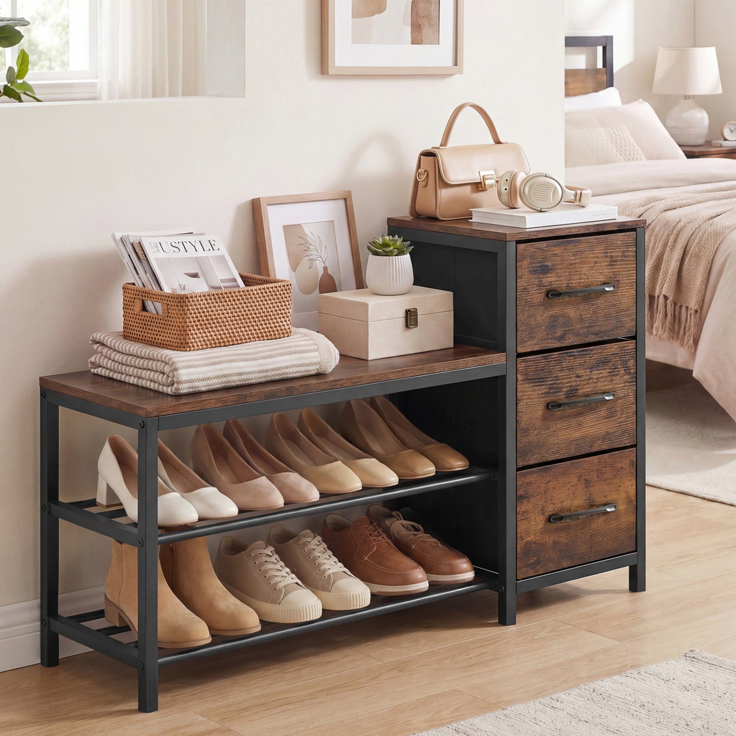 Rustic brown 3-tier industrial shoe bench with removable fabric drawers and anti-toppling kits, ideal for entryway storage.
