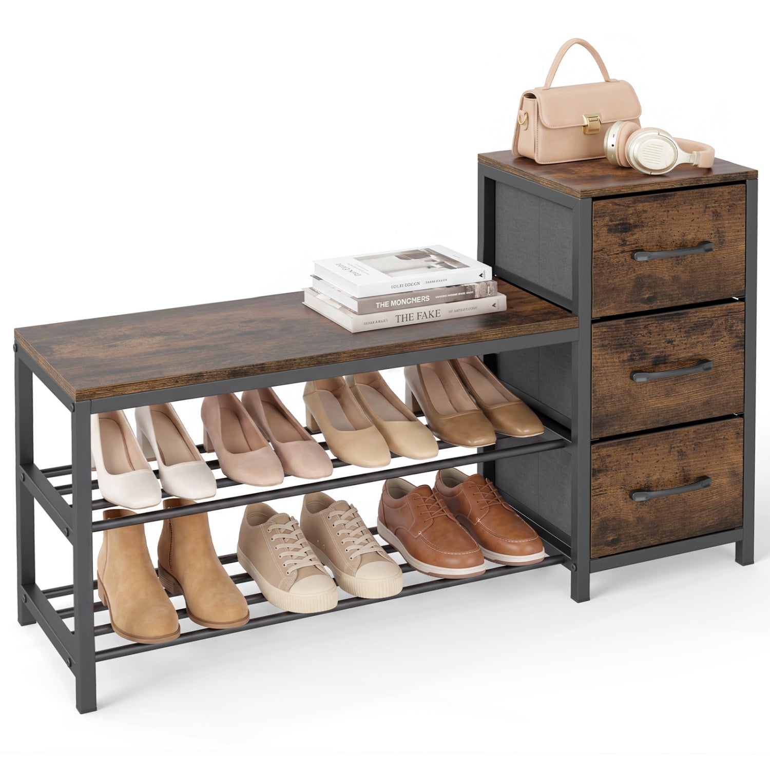 Rustic brown 3-tier industrial shoe bench with removable fabric drawers and anti-toppling kits for entryway storage.