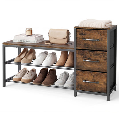 Rustic brown 3-tier industrial shoe bench with removable fabric drawers and anti-toppling kits, ideal for entryway storage.