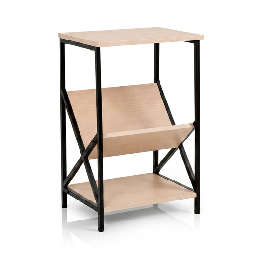 Three-tier industrial side table with V-shaped bookshelf in natural wood finish, suitable for living room decor.