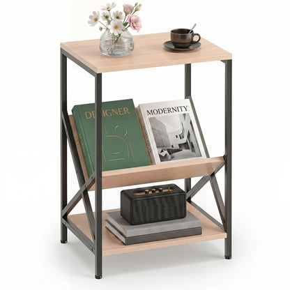 Three-tier industrial side table with V-shaped bookshelf in natural wood finish, perfect for living room decor.