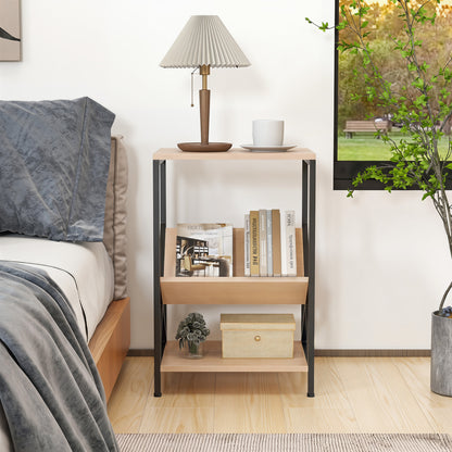 Three-tier industrial side table with V-shaped bookshelf in natural wood finish, suitable for living room decor.