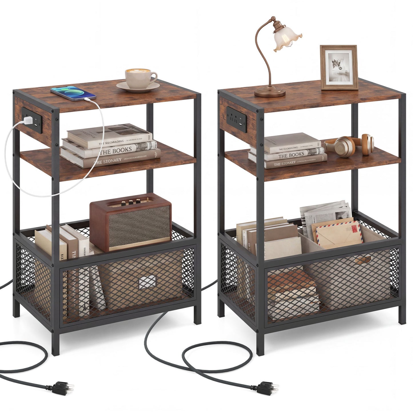 3-Tier Industrial Side Table Set of 2 with 2 AC Outlets and 1 Type-C Ports-Rustic Brown