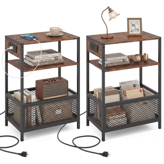 Pair of 3-tier industrial side tables with rustic brown finish, featuring 2 AC outlets and a Type-C port for convenient living room use.