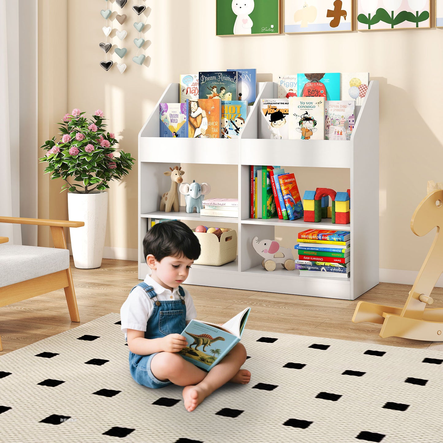 3-Tier Kid's Bookshelf Toy Storage Organizer with Display Rack and 4 Compartments-White