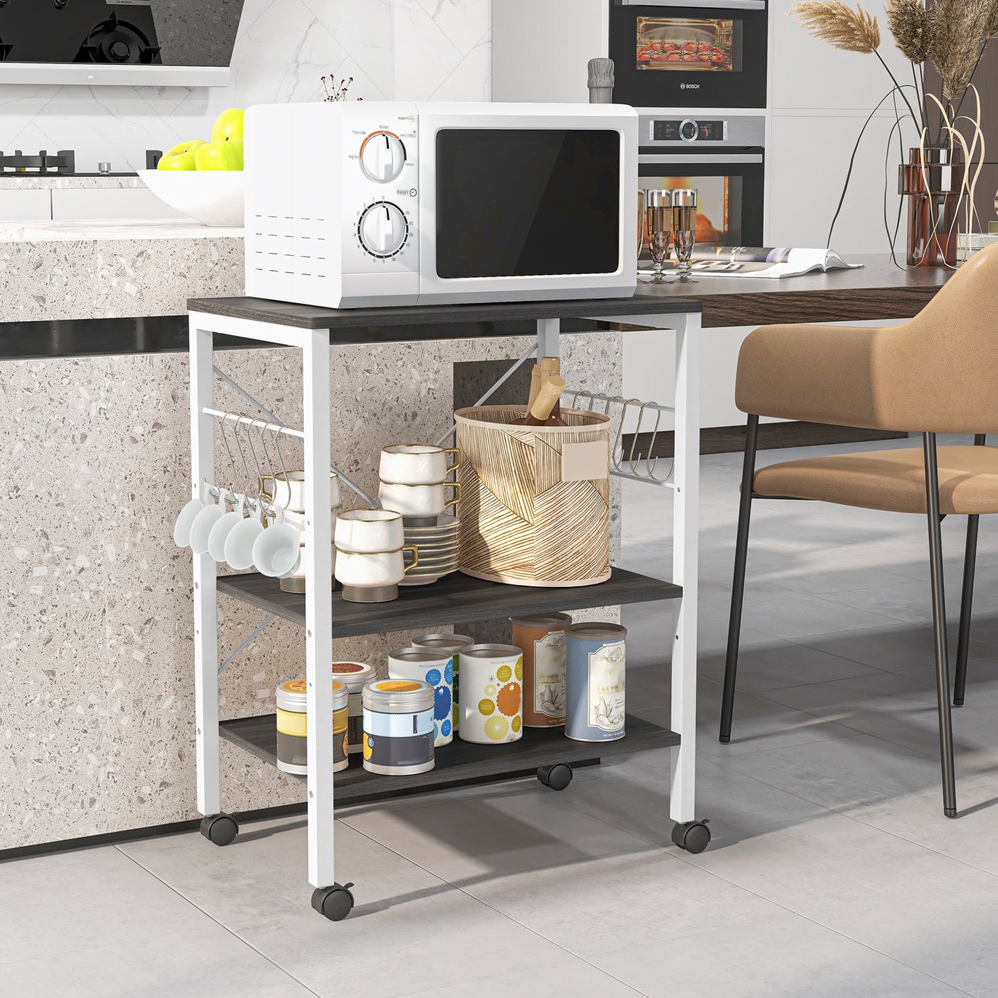 3-Tier Kitchen Baker's Rack Microwave Oven Storage Cart with Hooks-Charcoal Brown