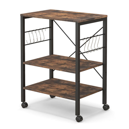 3-Tier Kitchen Baker's Rack Microwave Oven Storage Cart with Hooks-Charcoal Brown
