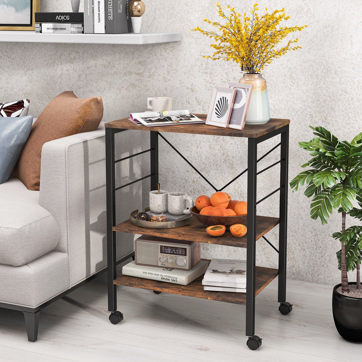 3-Tier Kitchen Baker's Rack Microwave Oven Storage Cart with Hooks-Charcoal Brown