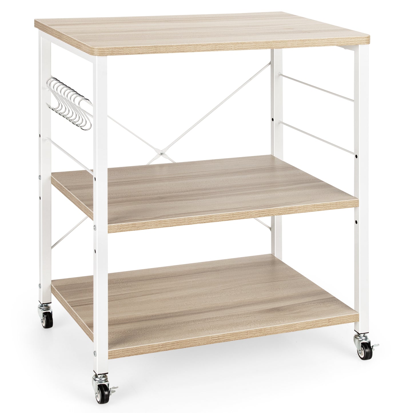 3-Tier Kitchen Baker's Rack Microwave Oven Storage Cart with Hooks-Charcoal Brown