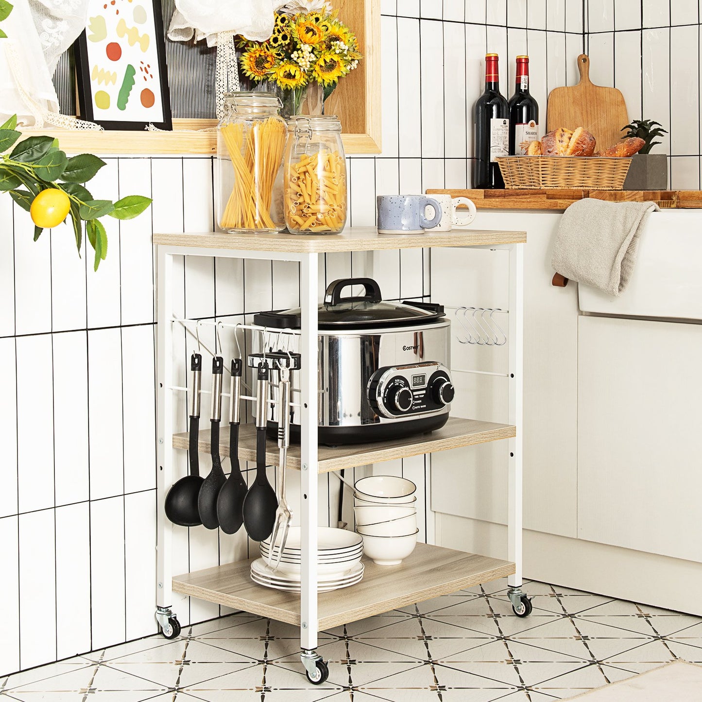 3-Tier Kitchen Baker's Rack Microwave Oven Storage Cart with Hooks-Charcoal Brown