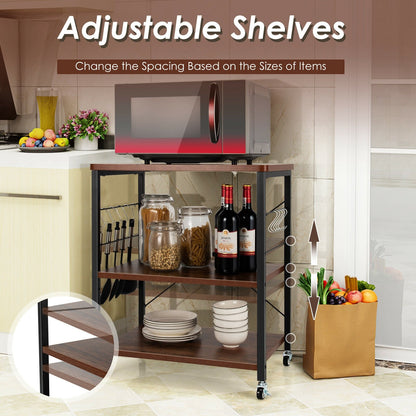 3-Tier Kitchen Baker's Rack Microwave Oven Storage Cart with Hooks-Charcoal Brown