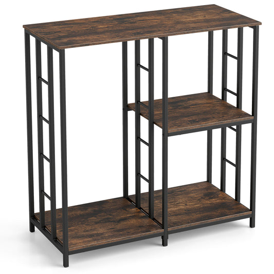 Rustic brown 3-tier baker's rack with open shelves for microwave and oven storage, ideal for kitchen organization.