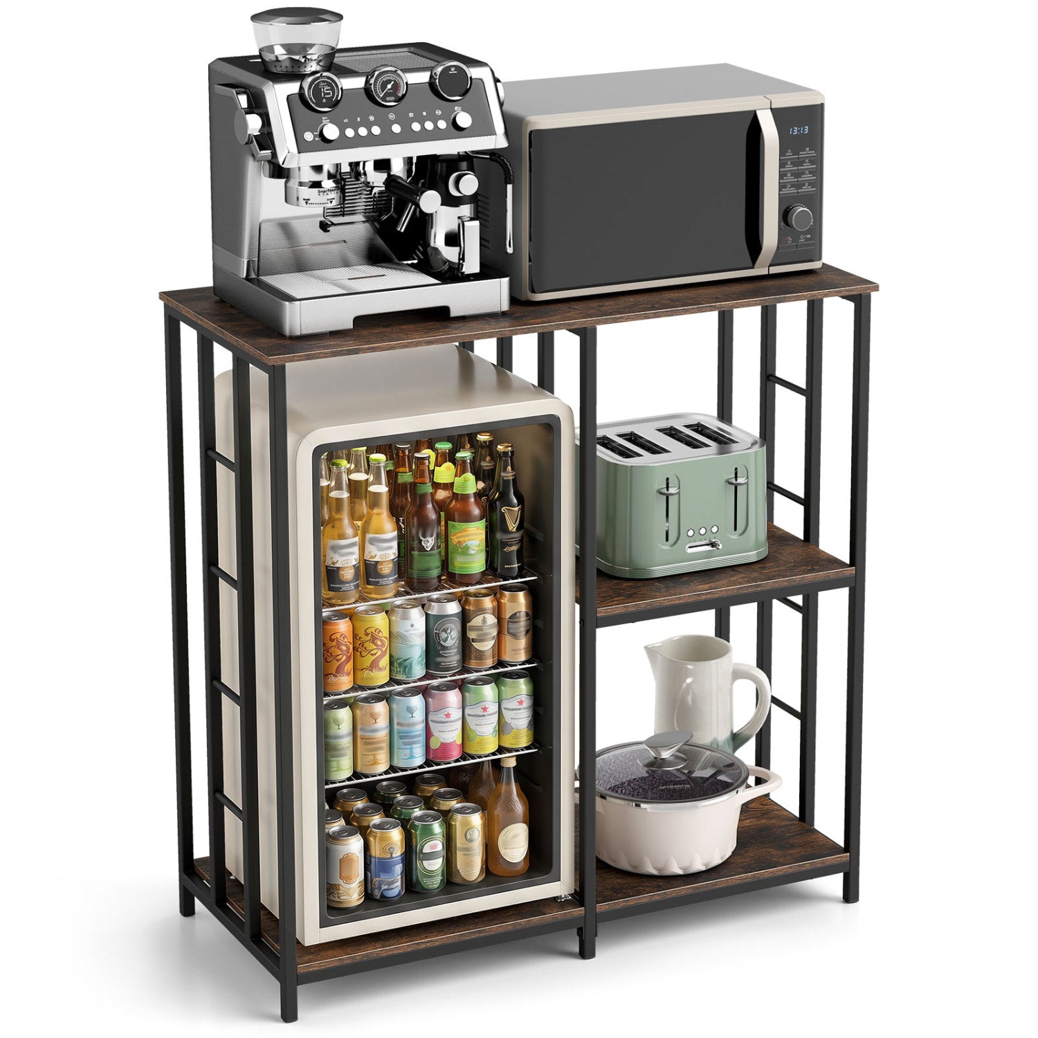 Rustic brown 3-tier kitchen baker's rack with open shelves for microwave and oven, ideal for kitchen organization.