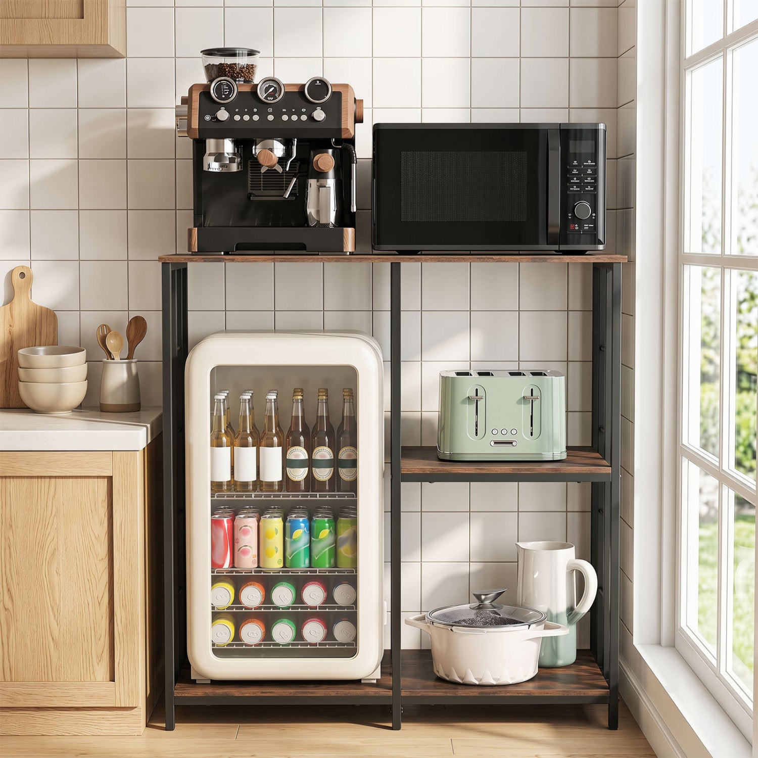 Rustic brown 3-tier kitchen baker's rack with open shelves for microwave and oven storage, perfect for organizing kitchen essentials.