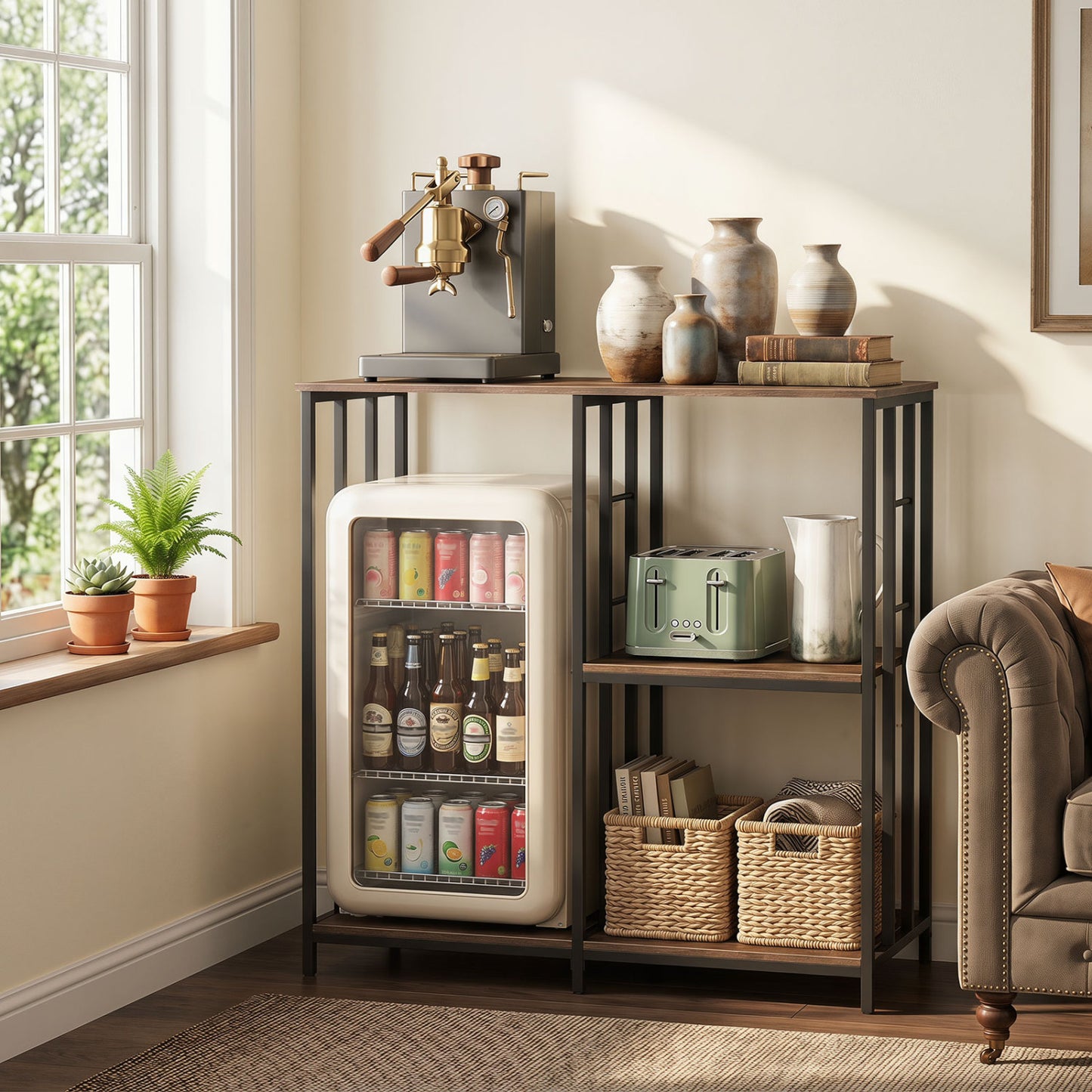 Rustic brown 3-tier baker's rack with open shelves, ideal for microwave and oven storage in a kitchen organization setup