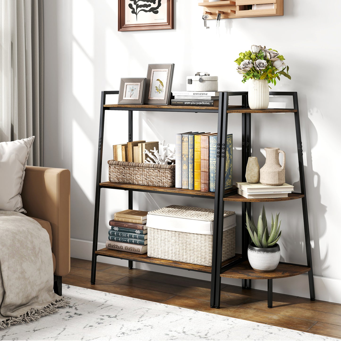3-Tier Ladder Shelf and Corner Shelf Set with Metal Frame-Rusticbrown