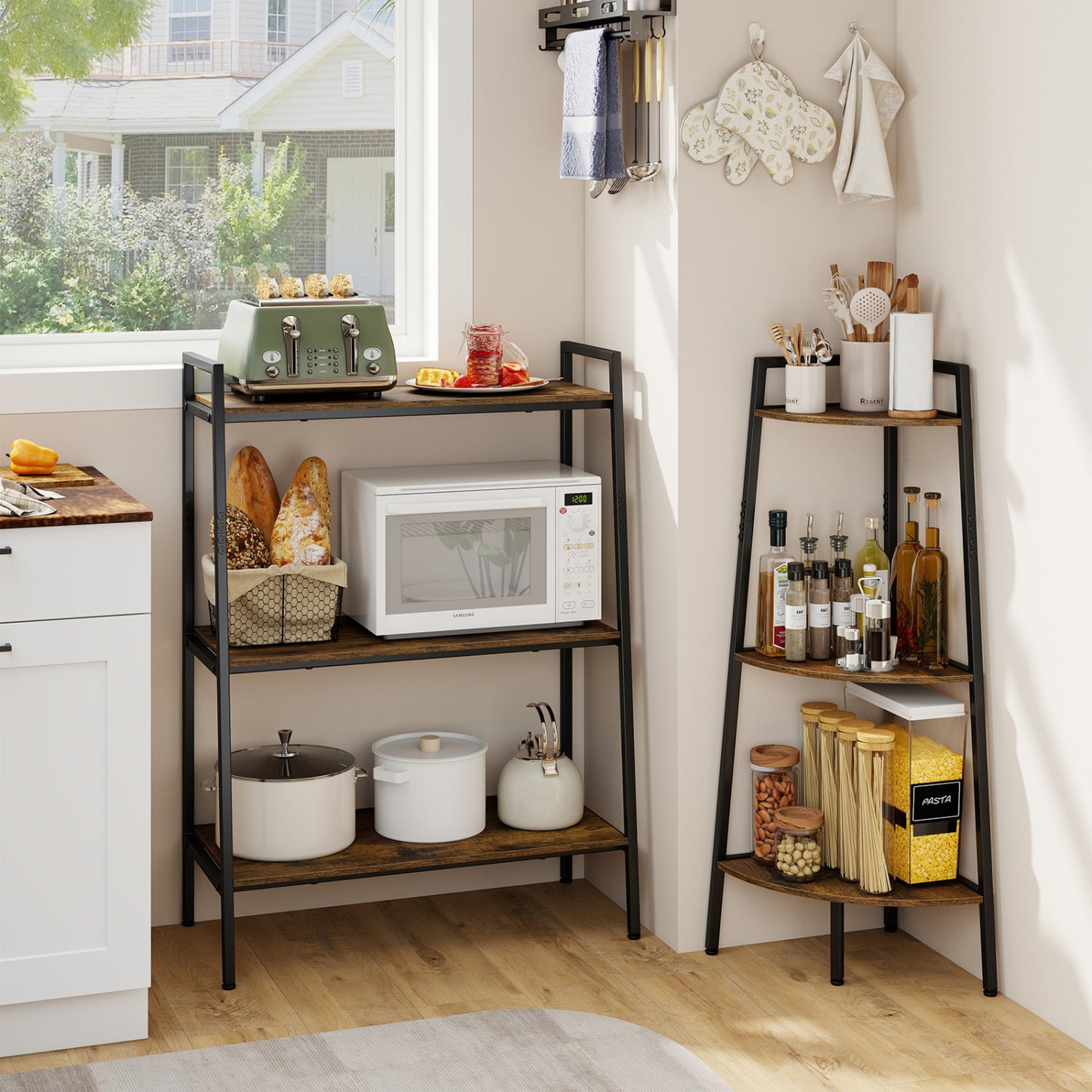 3-Tier Ladder Shelf and Corner Shelf Set with Metal Frame-Rusticbrown