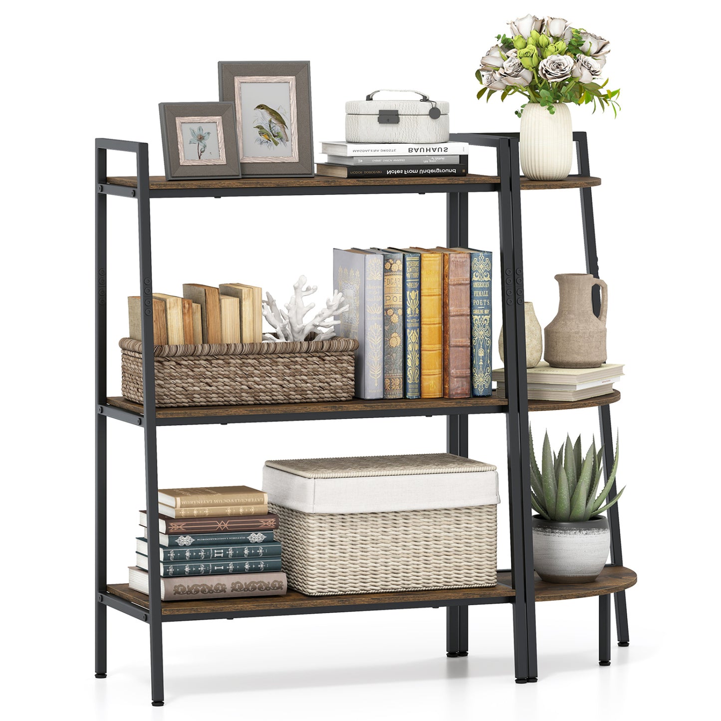 3-Tier Ladder Shelf and Corner Shelf Set with Metal Frame-Rusticbrown